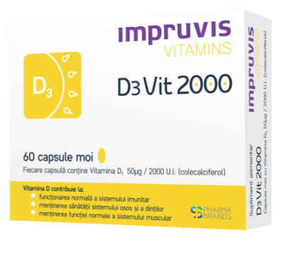 Impruvis D3Vit 2000 cu vitamina D3 2000 U.I., 60 capsule moi, Pharma Brands
