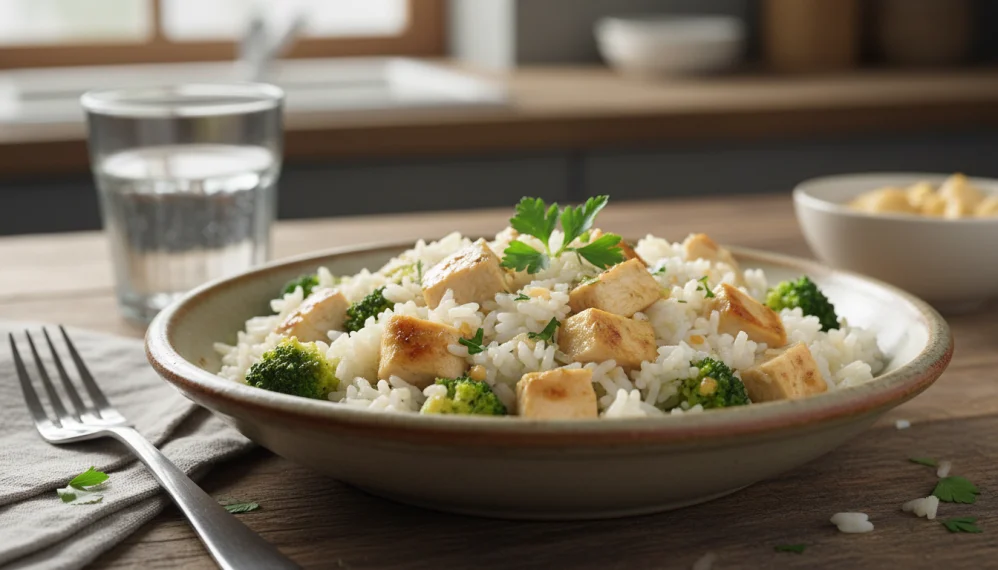 Orez fiert cu broccoli si pui