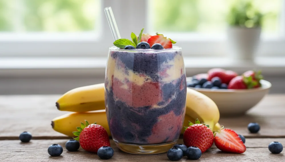 Smoothie cu banane, afine si capsune